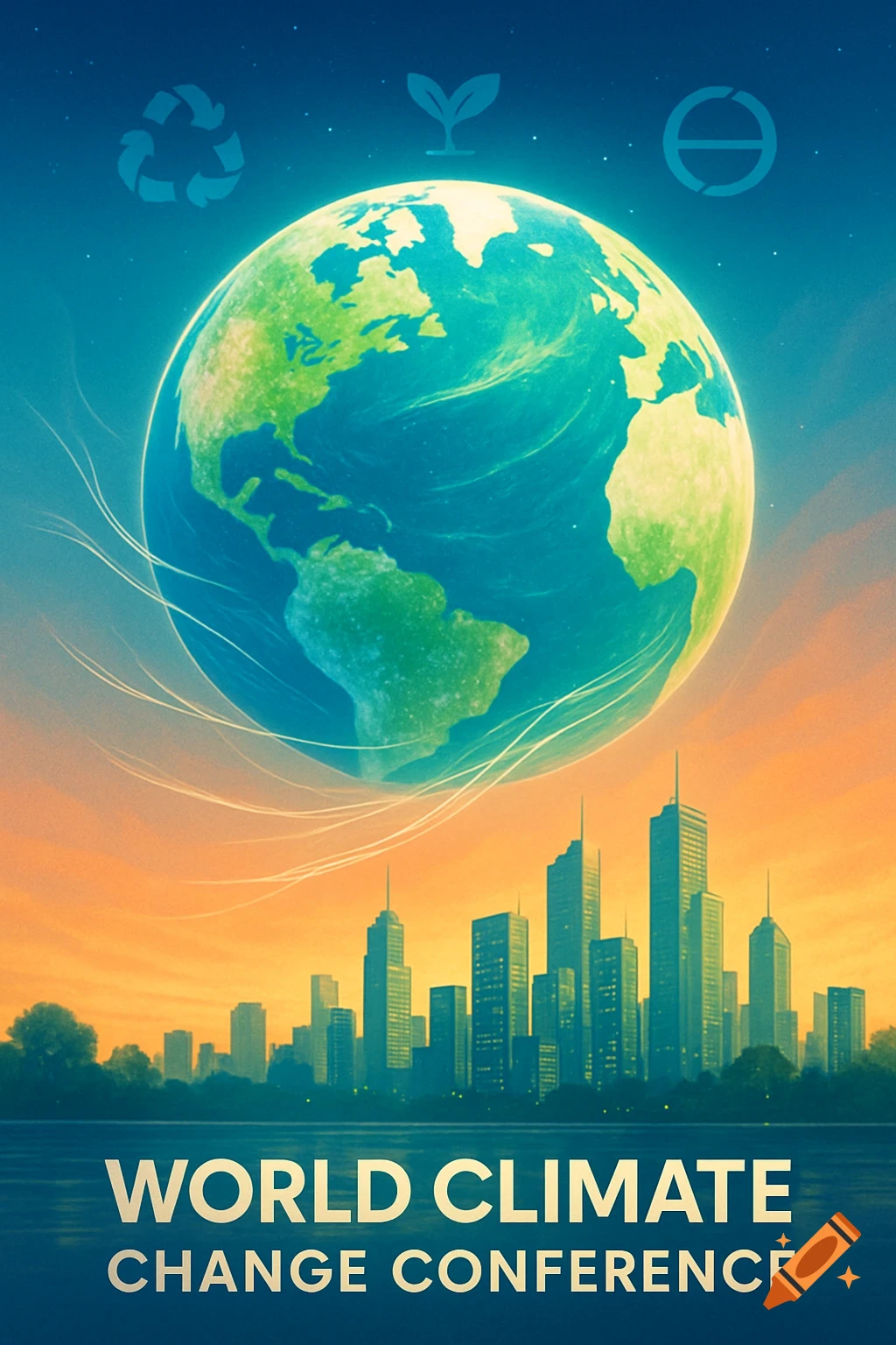 Poster design for World Climate Change Conference featuring Earth above a city skyline at sunset with environmental icons.