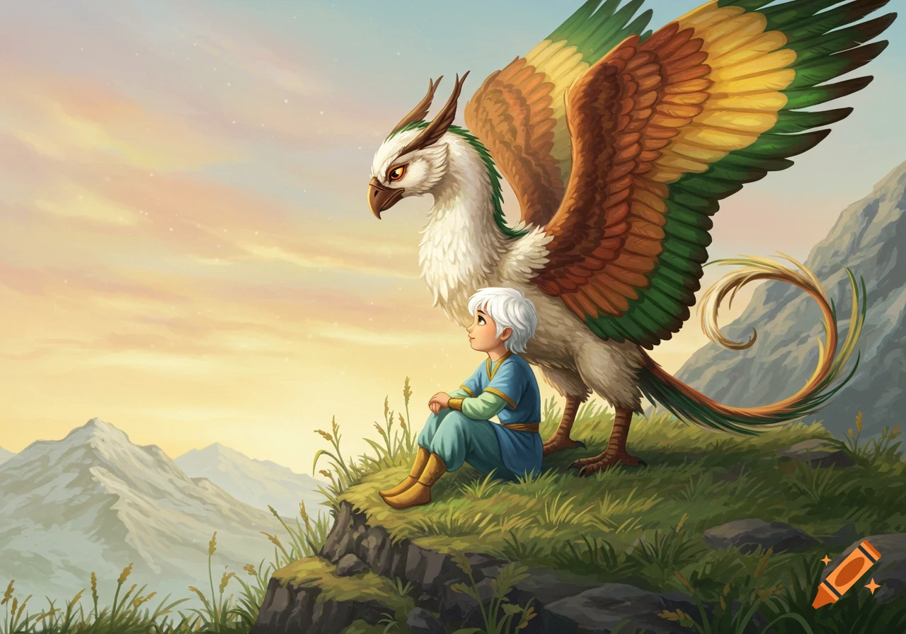 A white-haired boy sits with a majestic griffin on a grassy clifftop overlooking mountains at sunset, in an illustrated fantasy style.