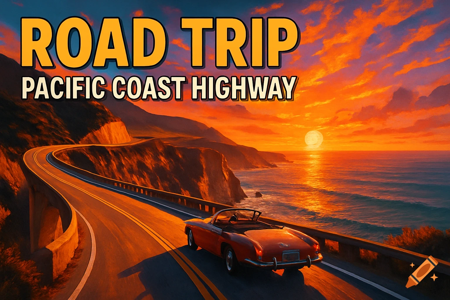 Red convertible drives on a winding Pacific Coast Highway at sunset, with text "ROAD TRIP PACIFIC COAST HIGHWAY" above.