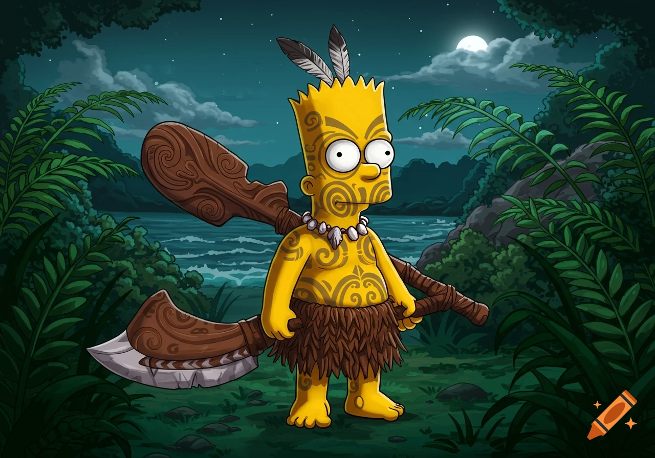 Bart Simpson in traditional Maori attire, with facial and body tattoos, holding a large carved weapon in a moonlit jungle scene.
