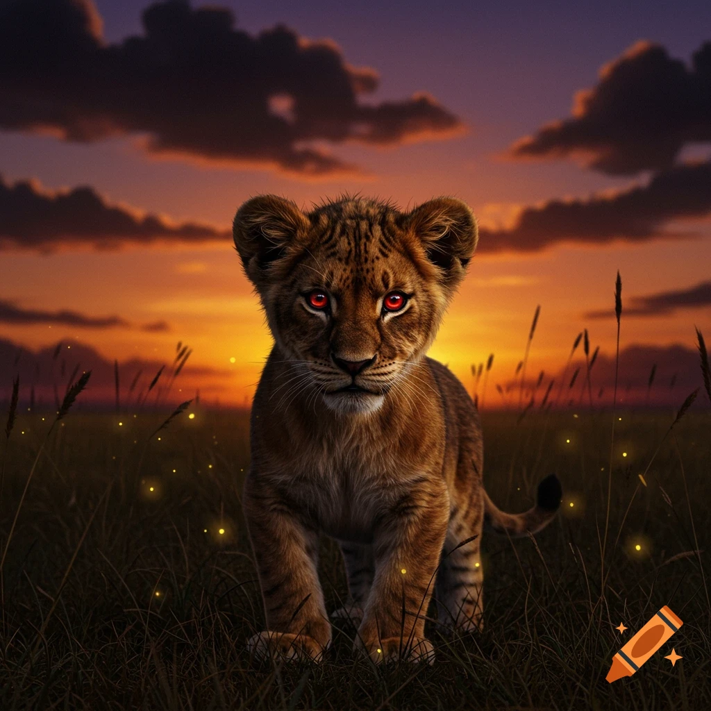 A young lion cub with glowing red eyes stands in a grassy field at sunset, looking directly forward.