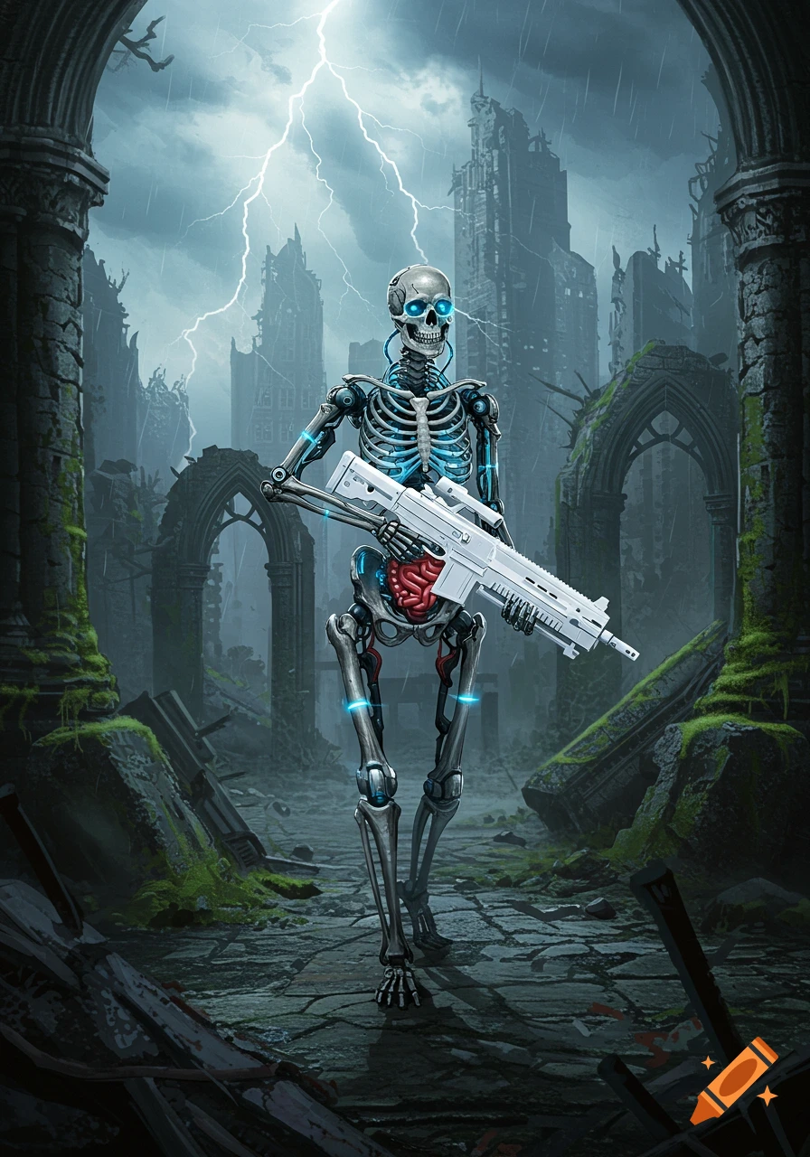 A robot human skeleton with glowing blue eyes and cybernetic parts, holding a white laser-rifle, walks through a ruined city under lightning and rain.