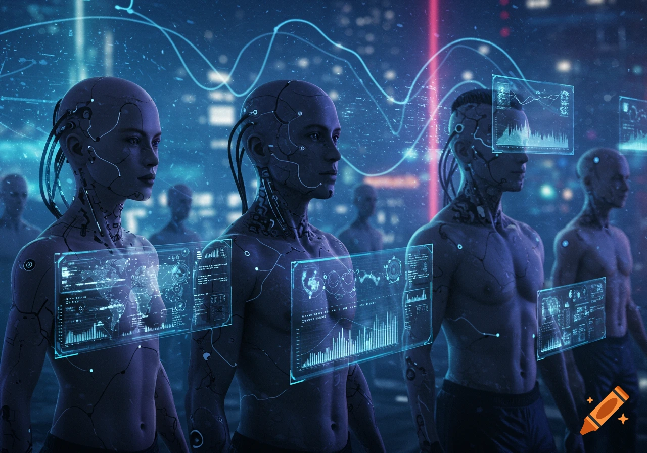 Cybernetic humans with glowing blue holographic interfaces displaying data in a dark, futuristic setting.