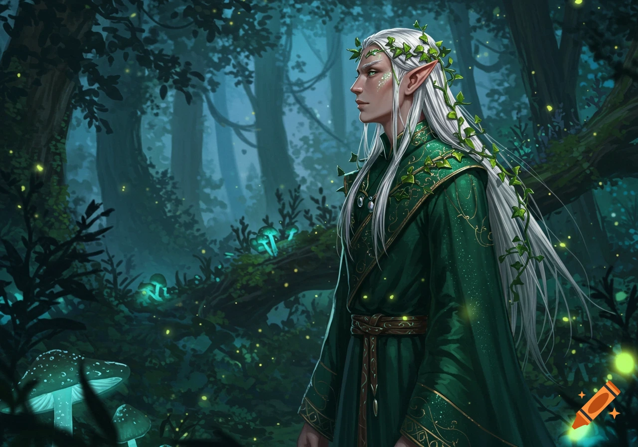 A white-haired elf in a green robe stands in a dark, mystical fantasy forest with glowing mushrooms and fireflies, looking left.