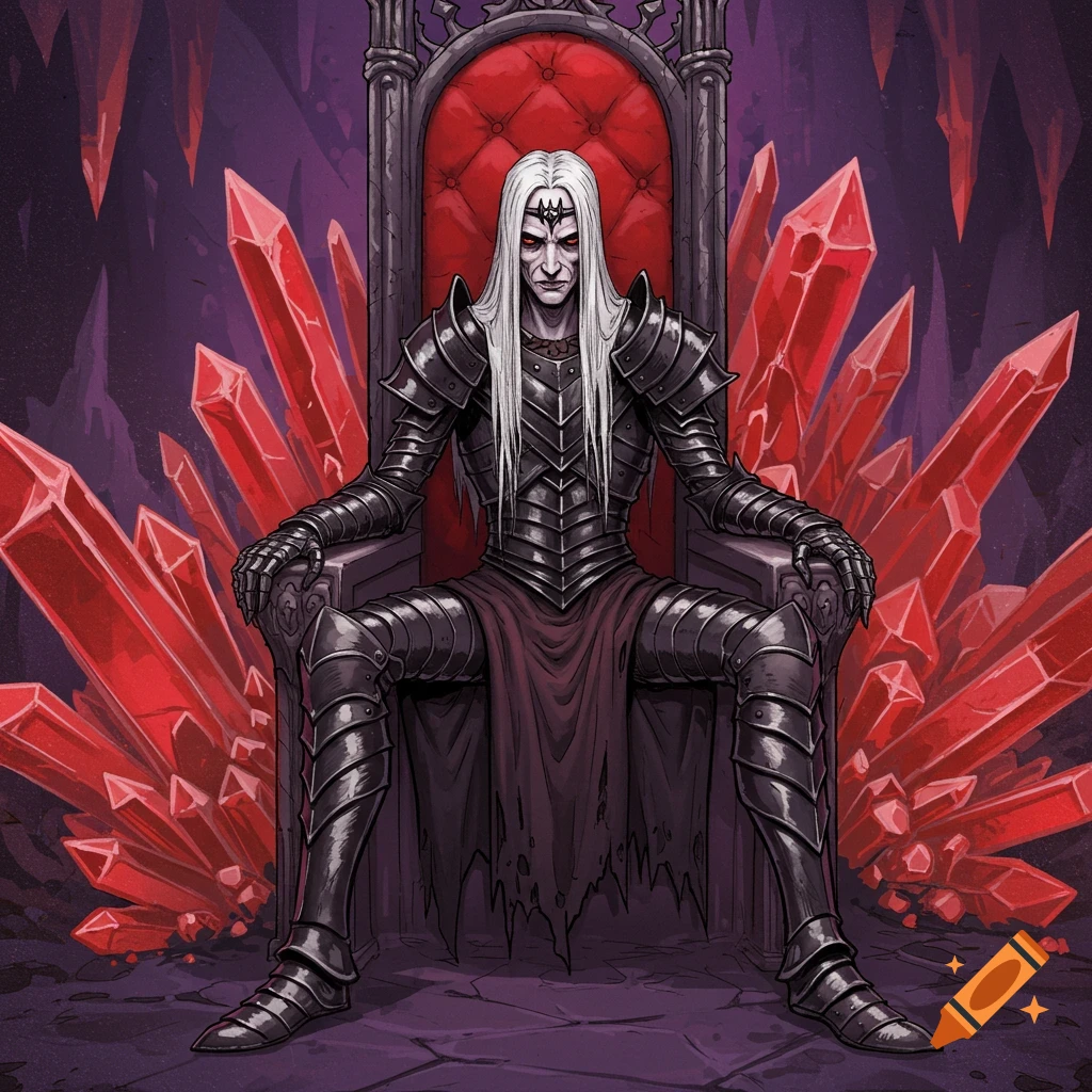 A pale man with long white hair in black armor sits on a red throne, surrounded by red crystals, in dark fantasy art.
