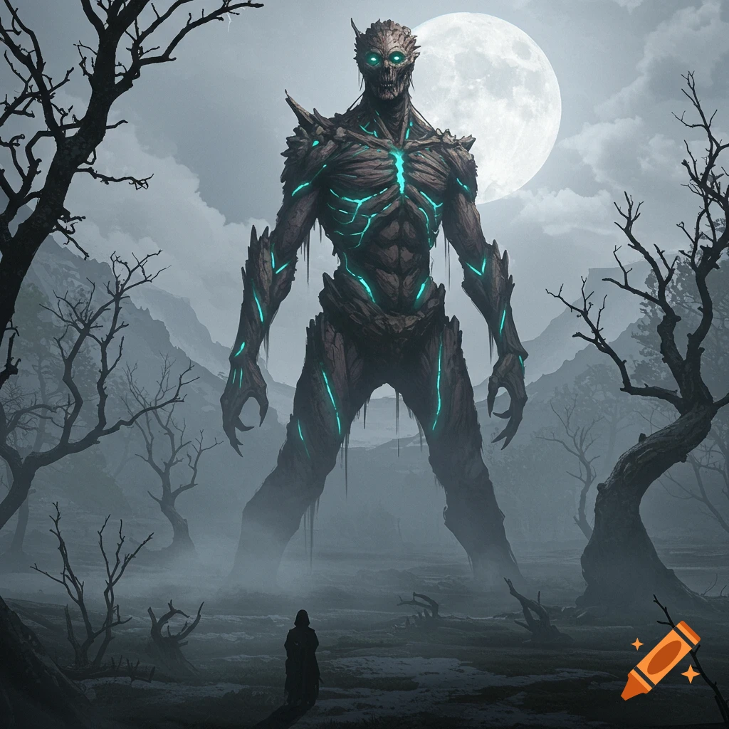 Colossal tree-like monster with glowing turquoise veins stands under a full moon in a misty, desolate forest, dwarfing a human figure.