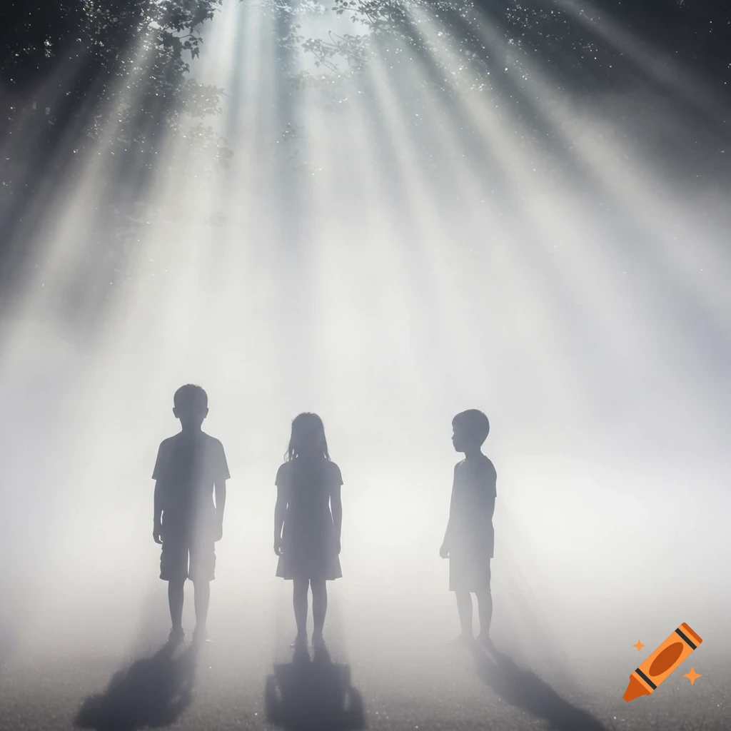 Three children stand as silhouettes in heavy fog with bright sun rays shining down, casting long shadows.