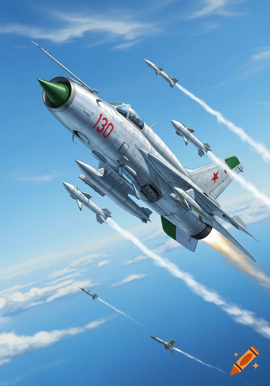 A silver MiG-21 fighter jet with green accents and multiple missiles soars through a blue, cloudy sky, exhaust blazing.