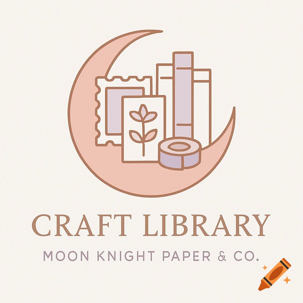A modern, elegant logo featuring a crescent moon outline with stylized craft supplies and books, with the text 'CRAFT LIBRARY' and 'MOON KNIGHT PAPER & CO.'