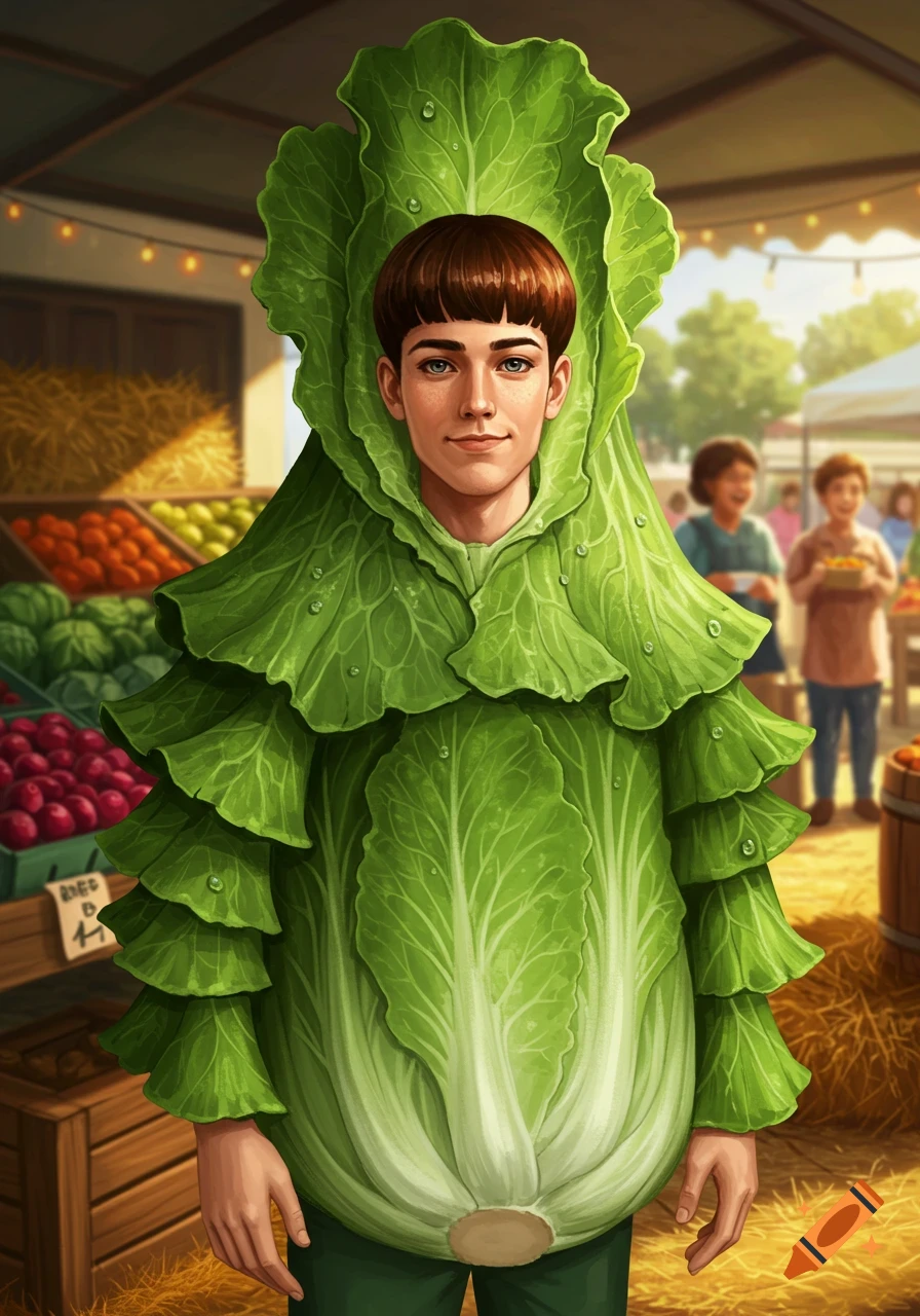 A young man with a bowl cut smiles in a detailed lettuce costume at a vibrant outdoor market.