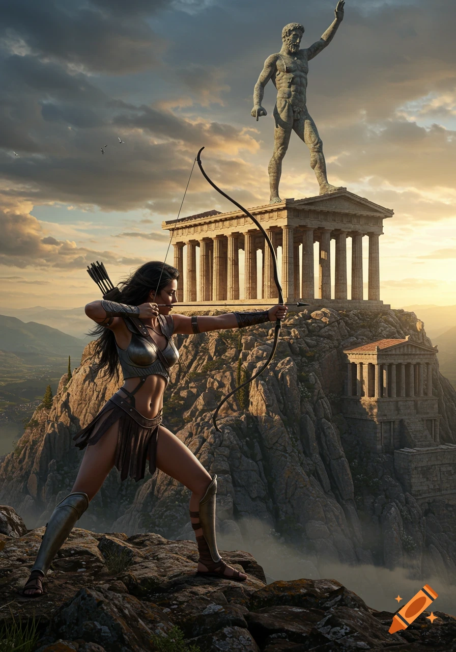 A female archer in ancient attire aims her bow on a rocky mountain, with classical Greek temples and a large male statue in the background at sunset.