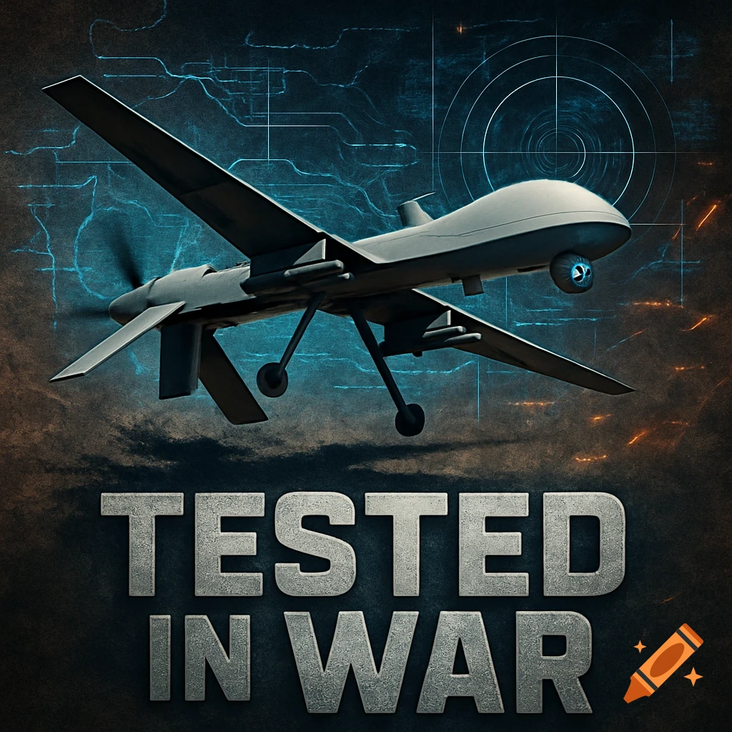 A grey military drone with a propeller and camera flies against a dark background with blue circuit lines and the text "TESTED IN WAR".