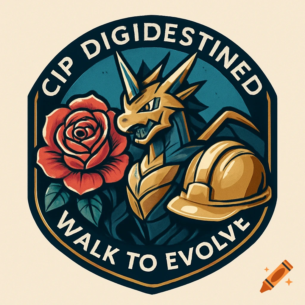 A stylized circular badge featuring a golden dragon, a red rose, and a hard hat with text 'CIP DIGIDESTINED WALK TO EVOLVE'.