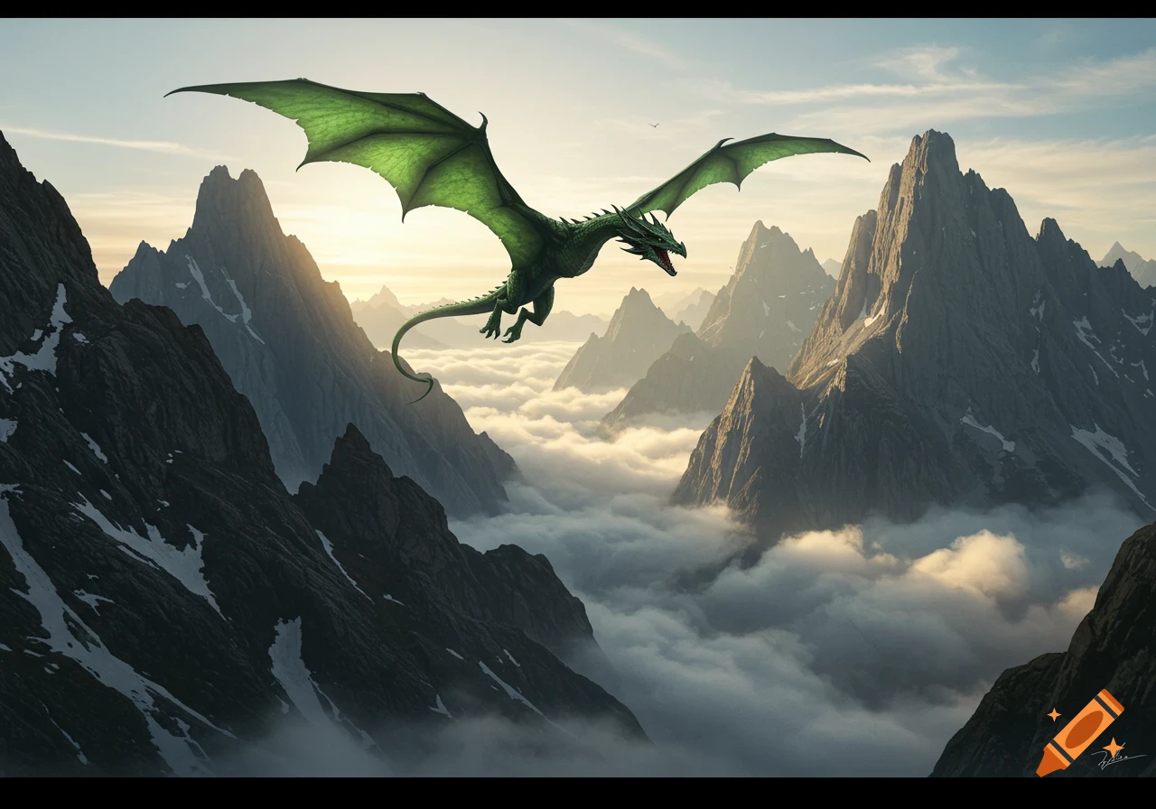 A large green dragon with prominent wings flies over majestic, snow-capped mountains and a sea of clouds at sunrise.