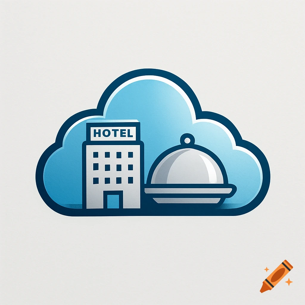 A stylized logo featuring a blue cloud with a white hotel building and a silver food cloche inside.