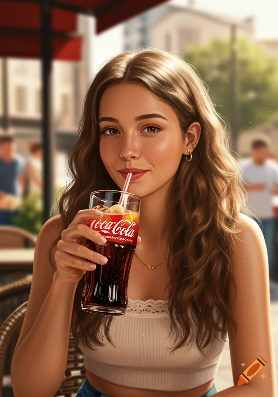 A smiling young woman with long wavy brown hair sips a glass of Coca-Cola with a straw at an outdoor cafe. She wears a white lace-trimmed top, and the drink contains fruit slices.