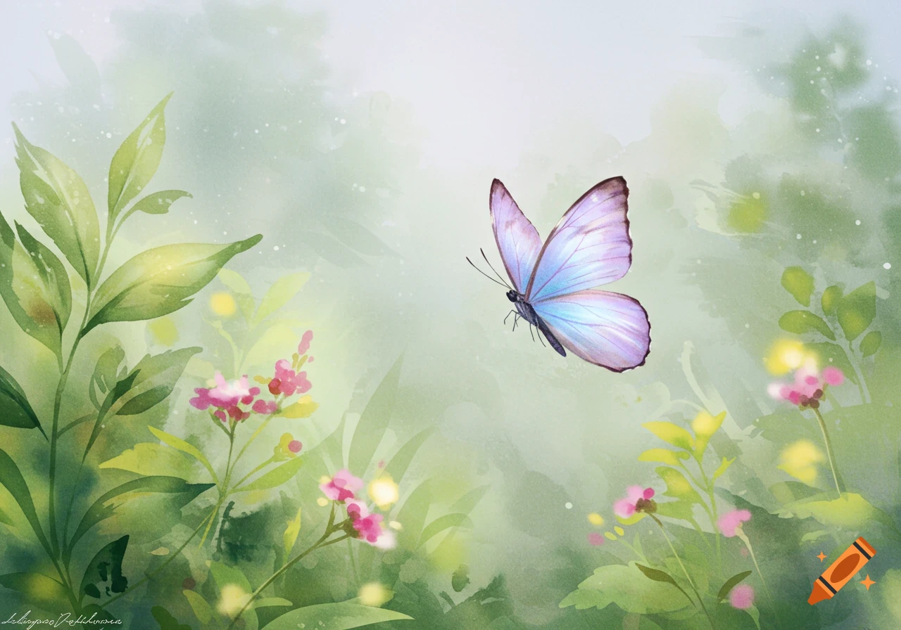 Watercolor painting of a purple and blue butterfly flying among green leaves and pink flowers in a soft garden.