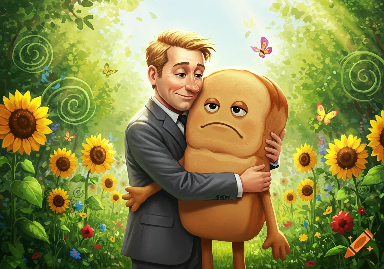 A man lovingly hugs a sad anthropomorphic loaf of bread in a sunny field with sunflowers and butterflies, cartoon style.