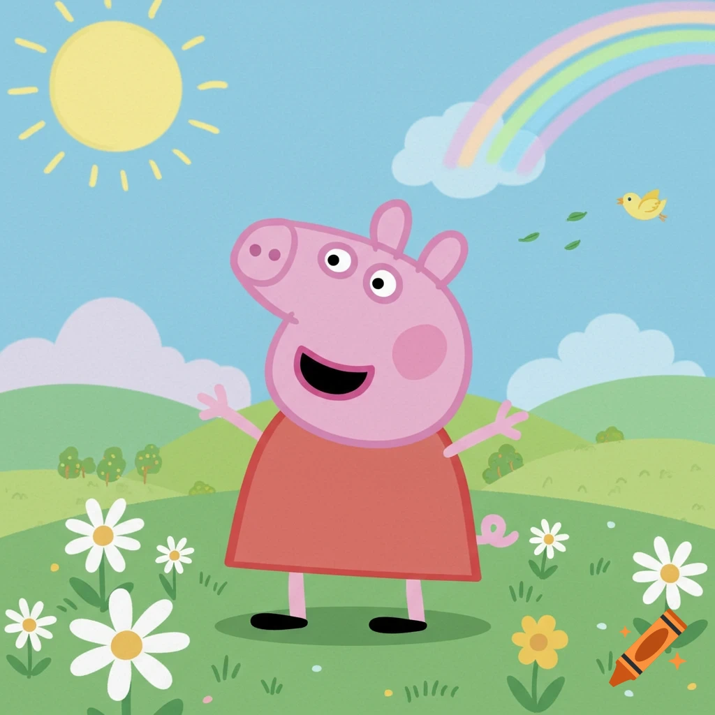 Peppa Pig smiling in a vibrant green field with white and yellow daisies, a bright yellow sun, a rainbow, and a small bird.