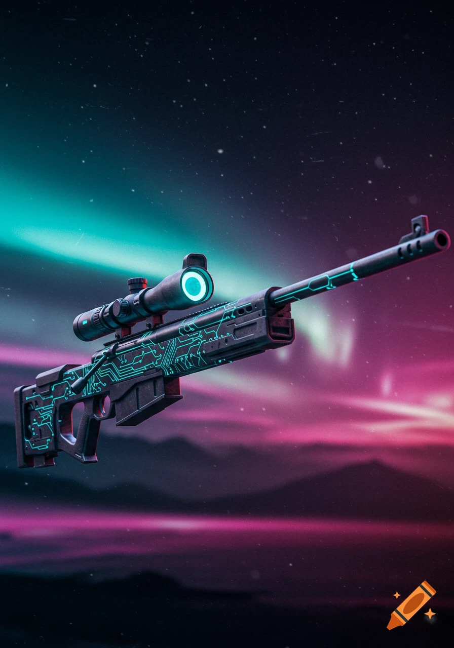 A stylized futuristic sniper rifle with glowing teal circuit patterns and a scope, against a starry night sky with vibrant pink and blue auroras.