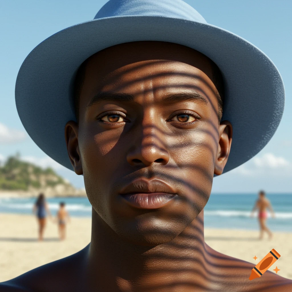 Photorealistic close-up of a Black man in a blue hat on a sunny beach, with shadows falling across his face.