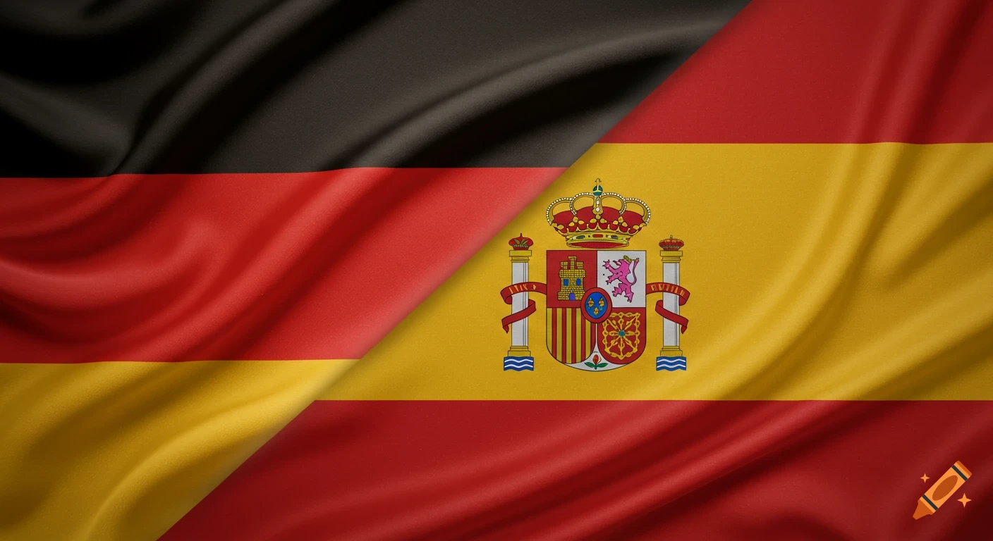 A diagonally split image showing the German flag on the left and the Spanish flag on the right.