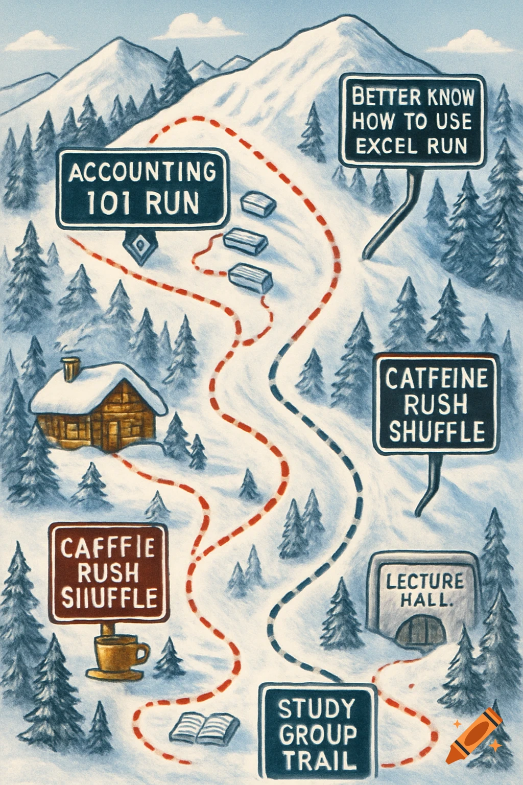 A whimsical ski trail map illustrating college difficulty, with runs like "Accounting 101 Run" and "Better Know How To Use Excel Run" among snow-covered mountains, pine trees, and a cabin.
