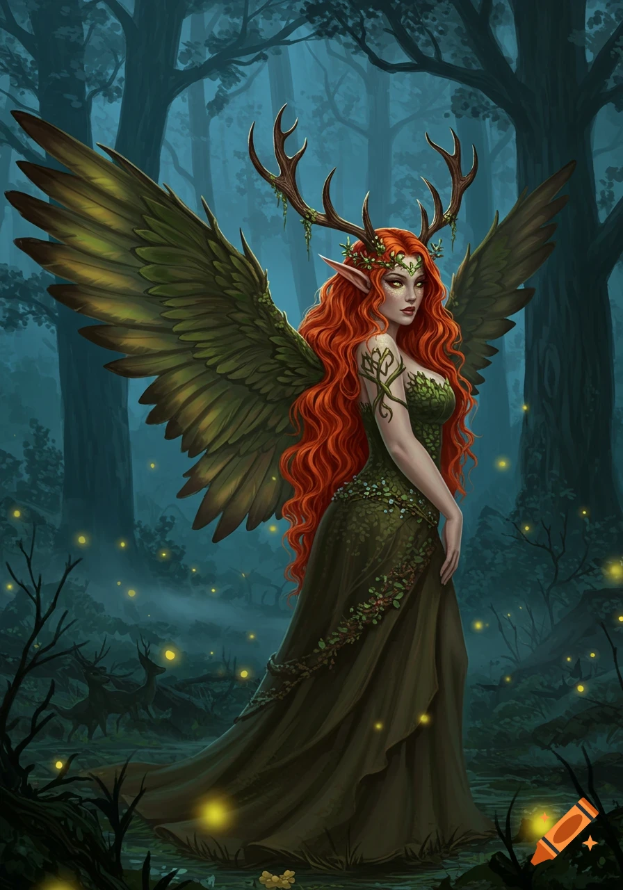 A red-haired forest nymph with deer antlers, long elf ears, and large green wings stands in an enchanted, misty forest at night with glowing fireflies.