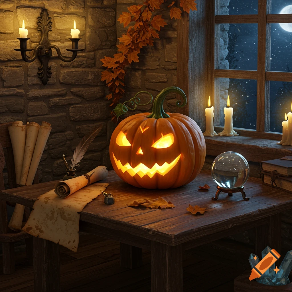 A glowing jack-o'-lantern on a wooden table with candles, scrolls, and a crystal ball, bathed in moonlight from a window.