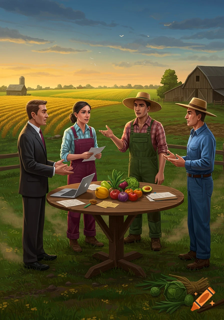 Illustrated scene of two farmers and two business people discussing around a table with produce and a laptop in a farm field at sunset.