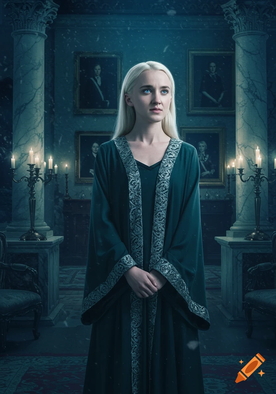 A young woman with long blonde hair and bright blue eyes stands in a dark, ornate hall, wearing a green period-style gown. Photorealistic.