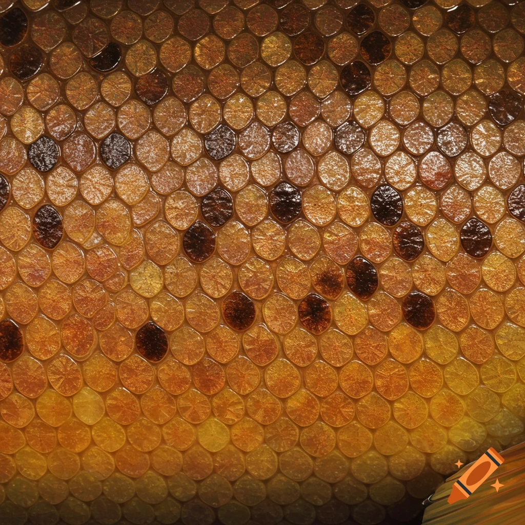 Close-up photorealistic image of shimmering brown trout scales with dark spots, showing intricate texture.