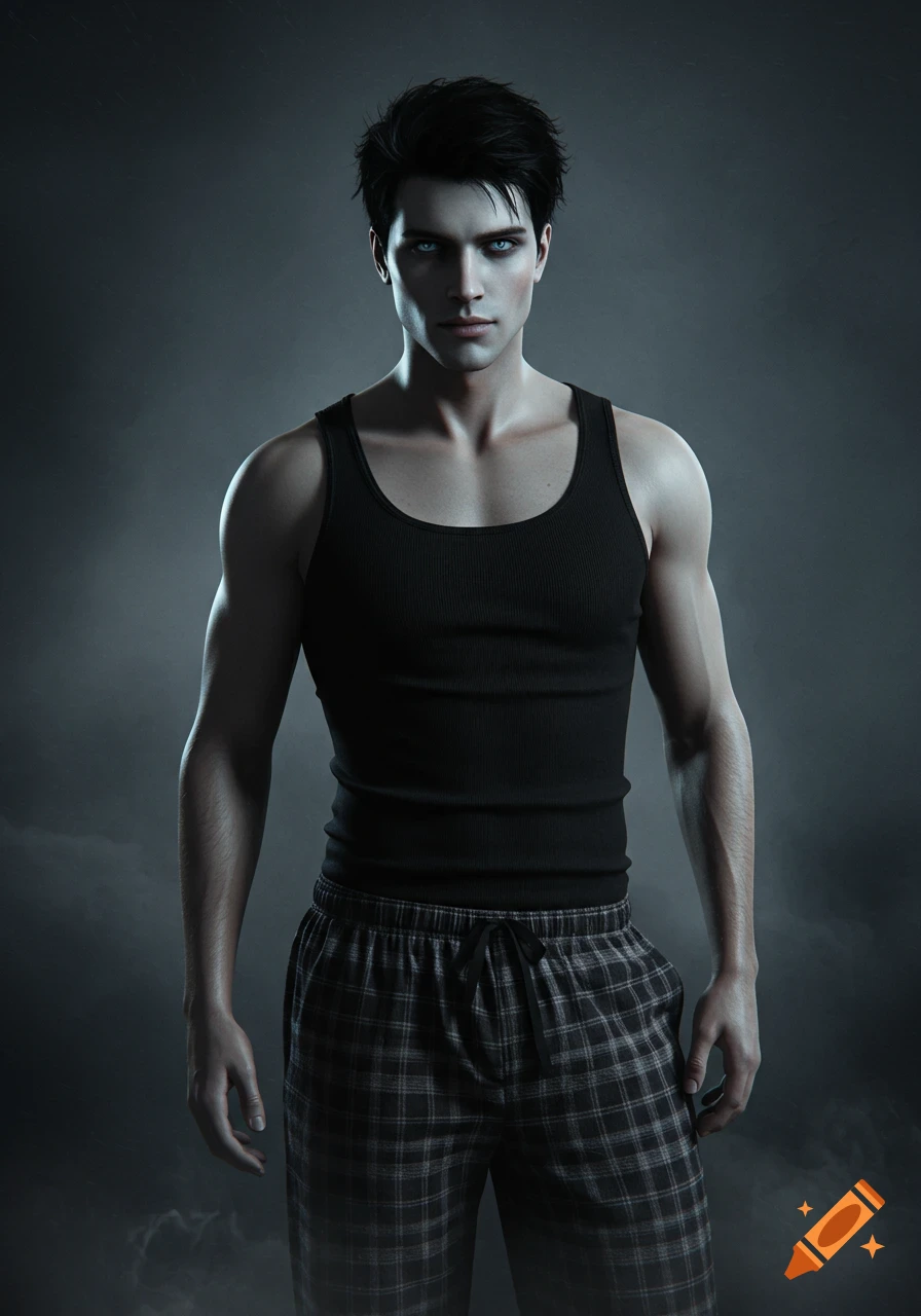Realistic portrait of a pale man with black hair and glowing blue eyes, wearing a black tank top and plaid pajama pants, against a dark, smoky background.