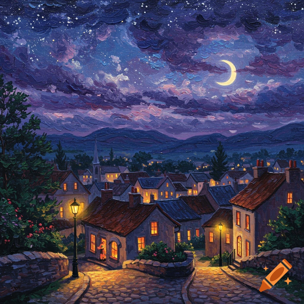 Impressionist painting of a charming town at night, with glowing windows, cobblestone streets, and a crescent moon in a starry, cloudy sky.