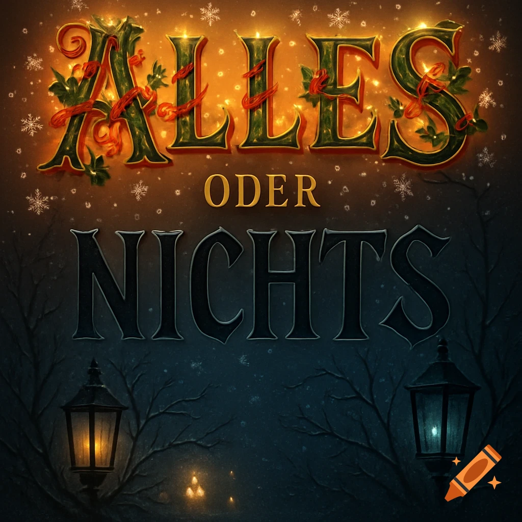 Festive graphic 'ALLES ODER NICHTS' with glowing, decorated 'ALLES' text, snowflakes, and lanterns in a winter setting.