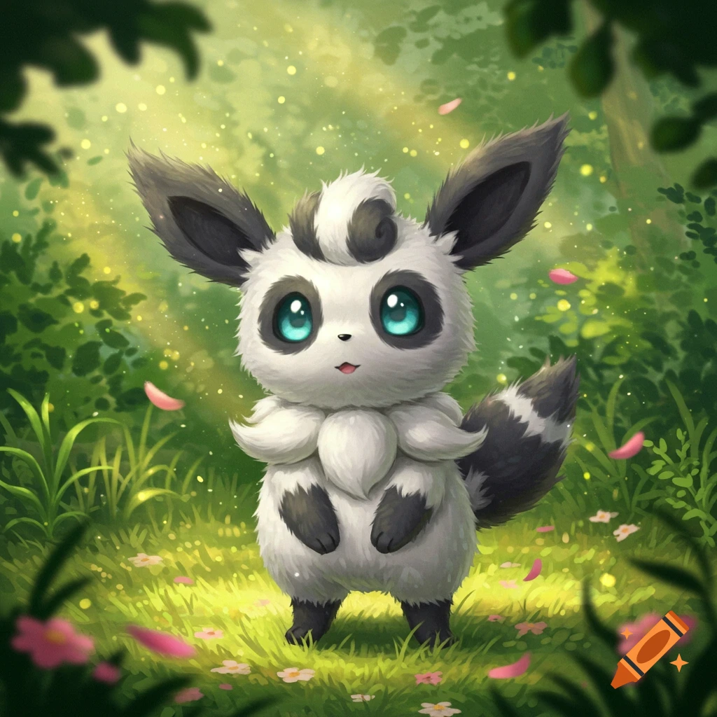 A cute white and black furry creature with large blue eyes stands in a sunny, green forest with pink petals.