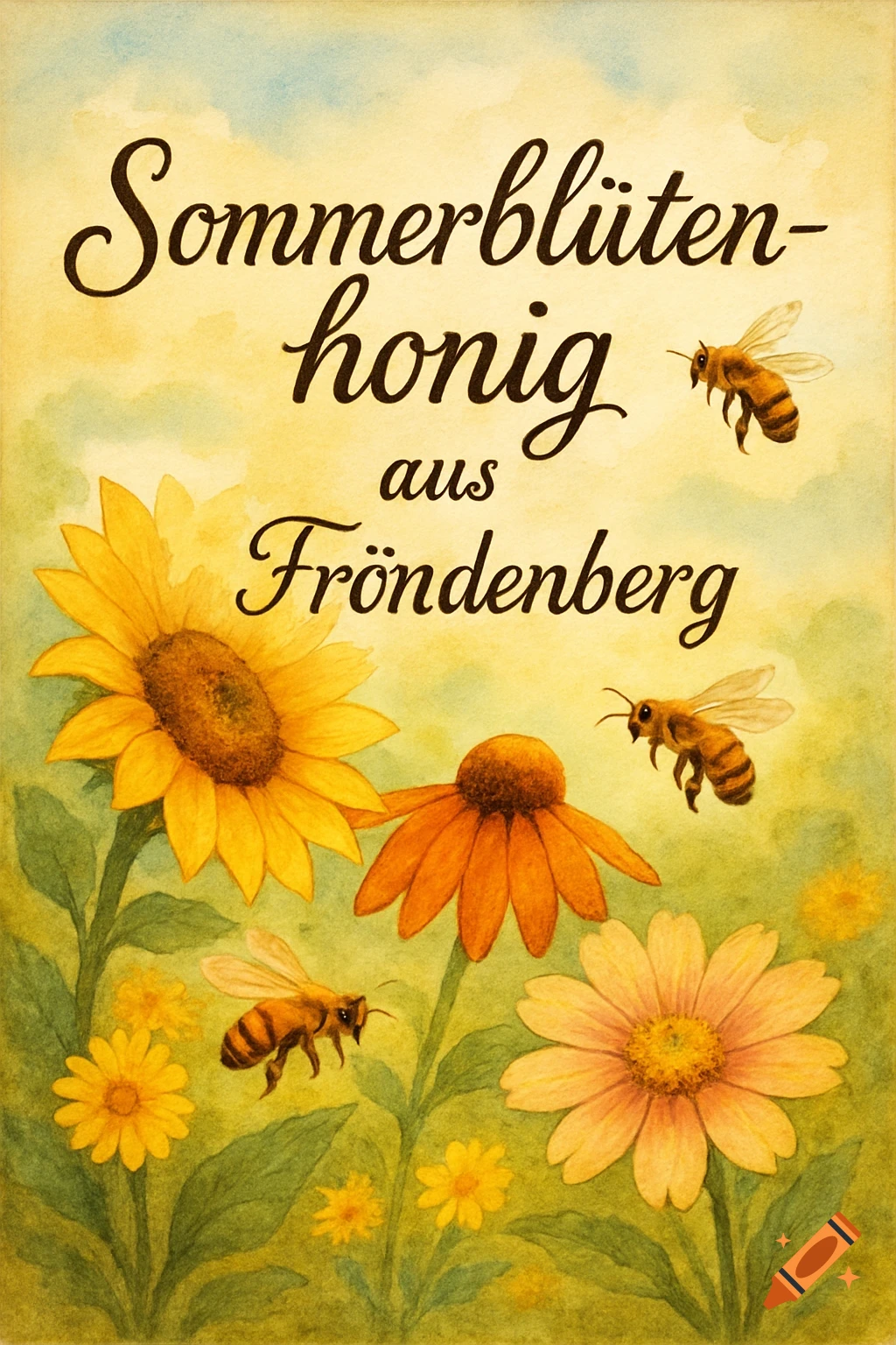 Watercolor illustration of a honey label with sunflowers, daisies, and bees, featuring German text: 'Sommerblütenhonig aus Fröndenberg'.