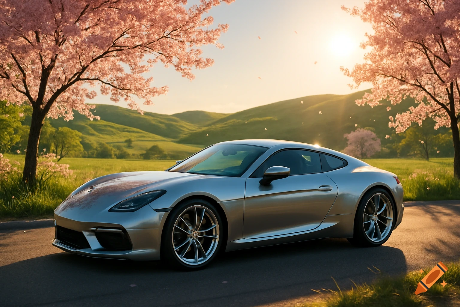 A silver sports car on a road, flanked by pink cherry blossom trees, with green hills and a bright sun in the background.