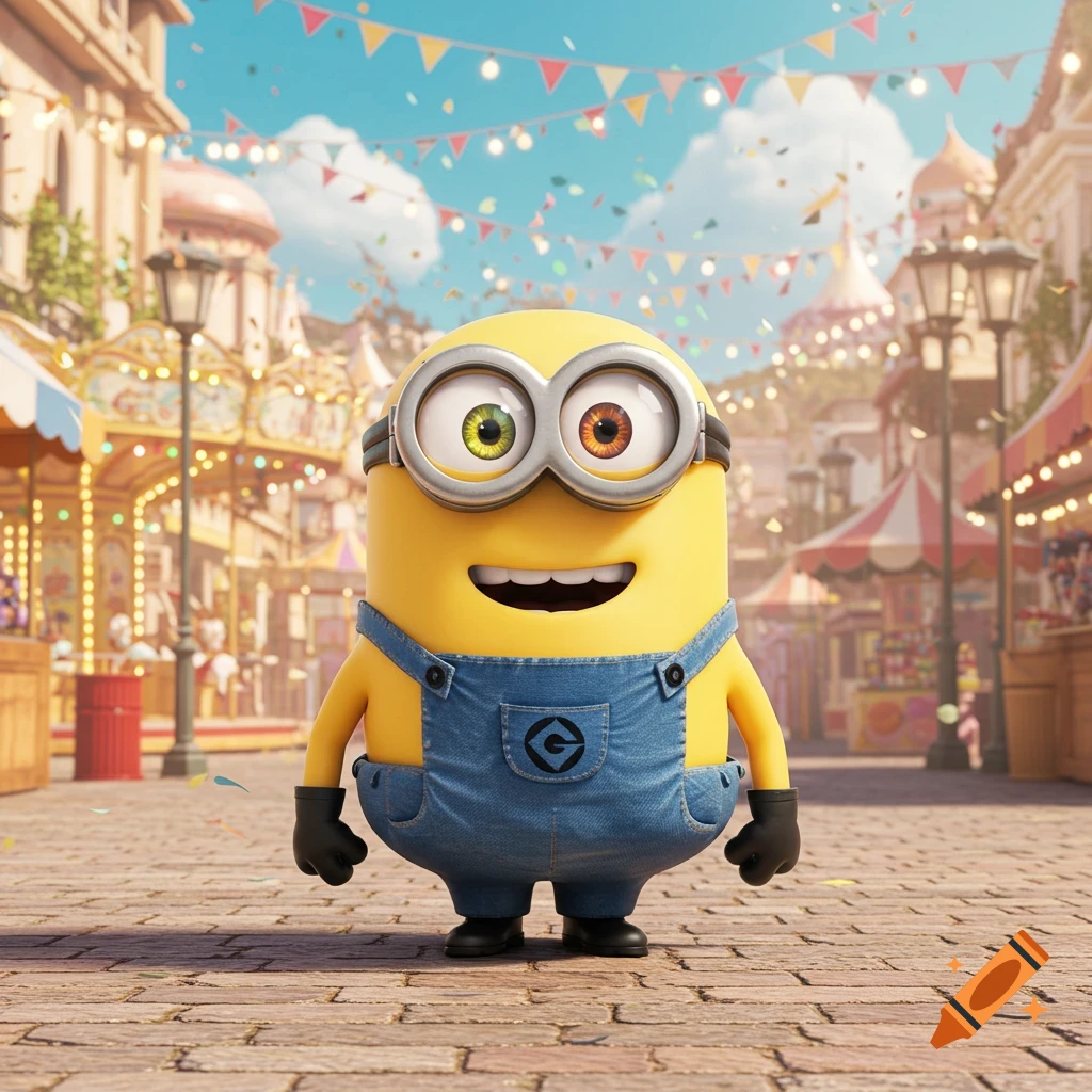 A Minion stands in a vibrant, sunny carnival street with festive bunting and lights above.