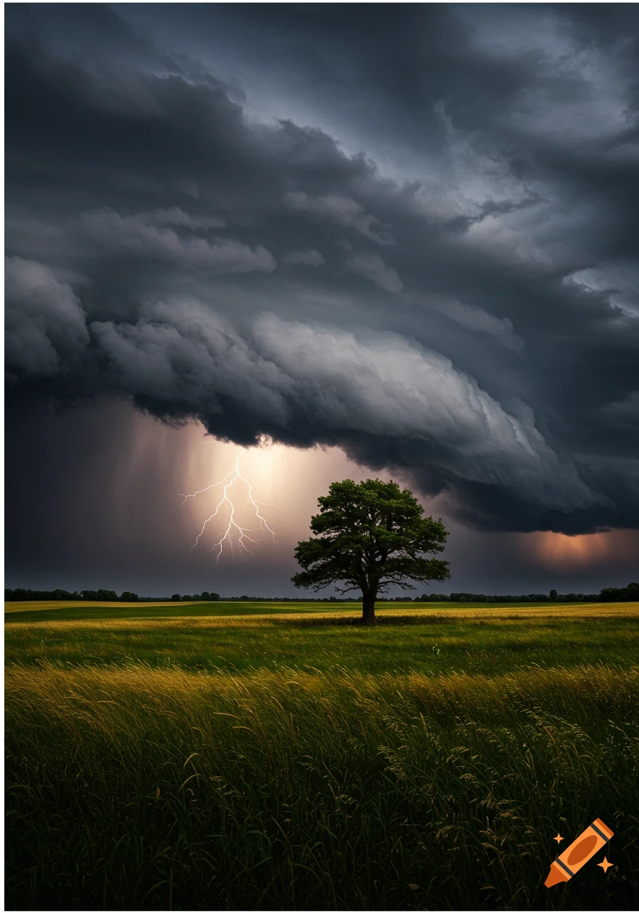 A lone tree stands in a golden-green field under a dramatic, dark storm sky with a bright lightning strike, photorealistic.