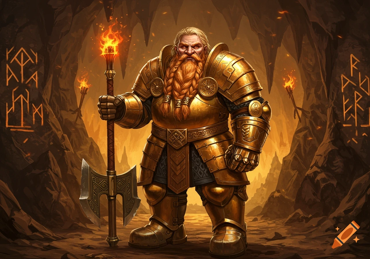A muscular dwarf warrior in golden armor with a braided beard holds a flaming axe in a torchlit cave, fantasy art.