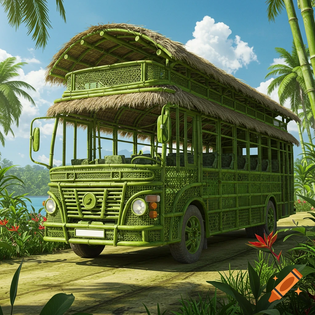 A double-decker bus with a bamboo frame and thatched roof sits on a dirt road in a tropical, lush green landscape under a blue sky.