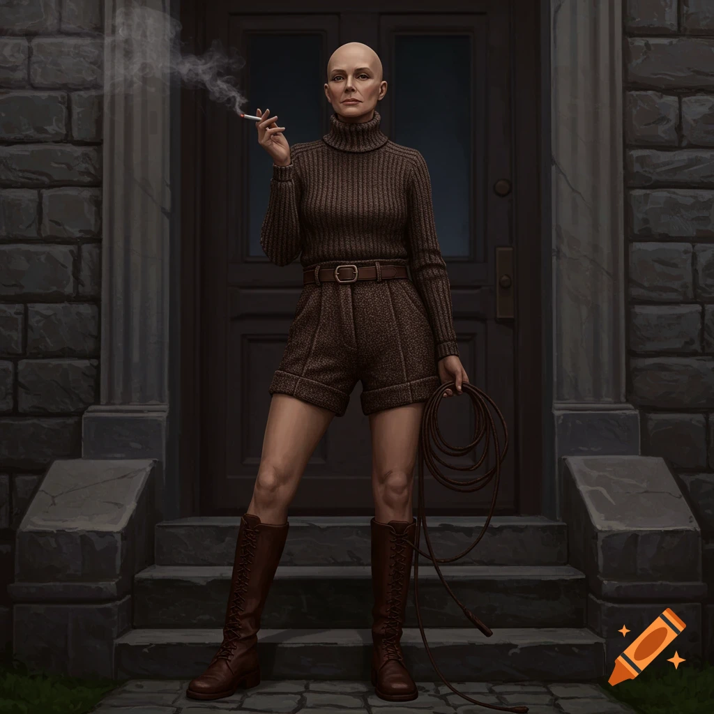 A bald woman in a brown ribbed turtleneck, shorts, and boots stands on a doorstep smoking and holding a whip.