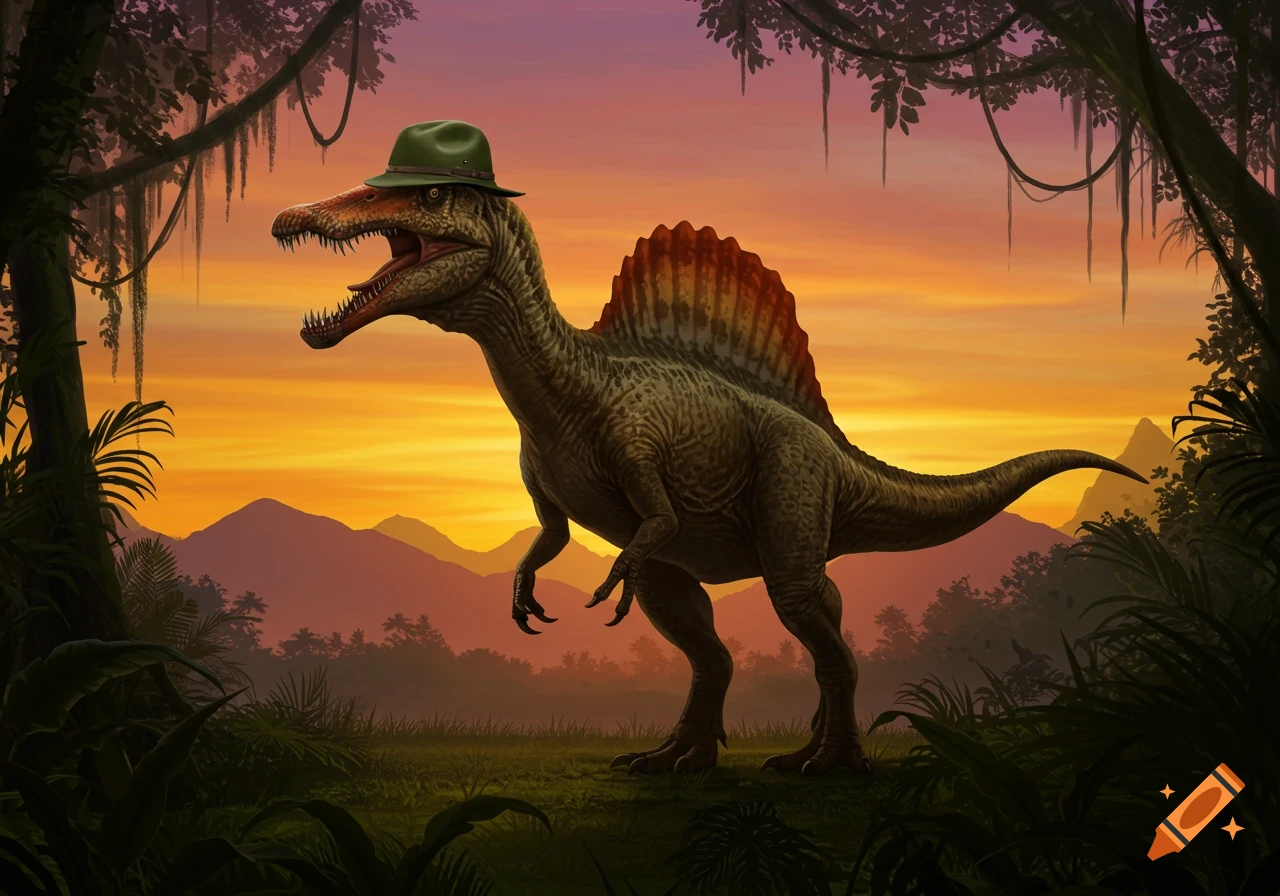 A Spinosaurus wearing a green soldier's hat roars in a jungle at sunset, with mountains in the background.