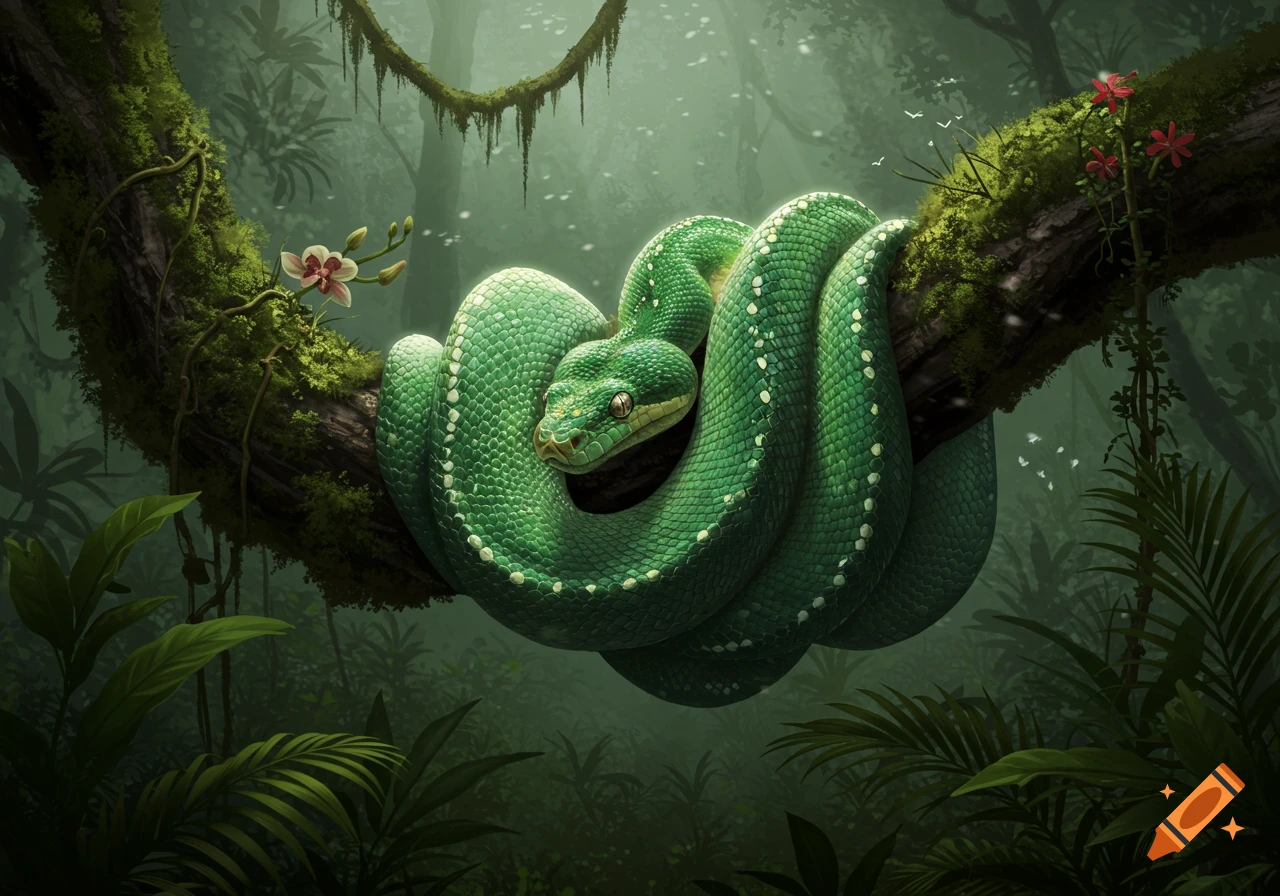 A vibrant green snake with white spots coiled on a mossy tree branch in a misty jungle.