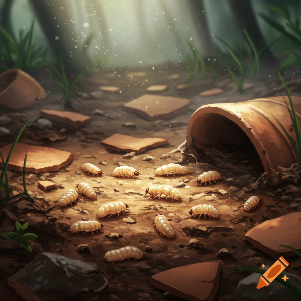 Numerous pale grubs crawl on dark soil surrounded by broken terracotta pottery shards and green plants on a sunlit forest floor.
