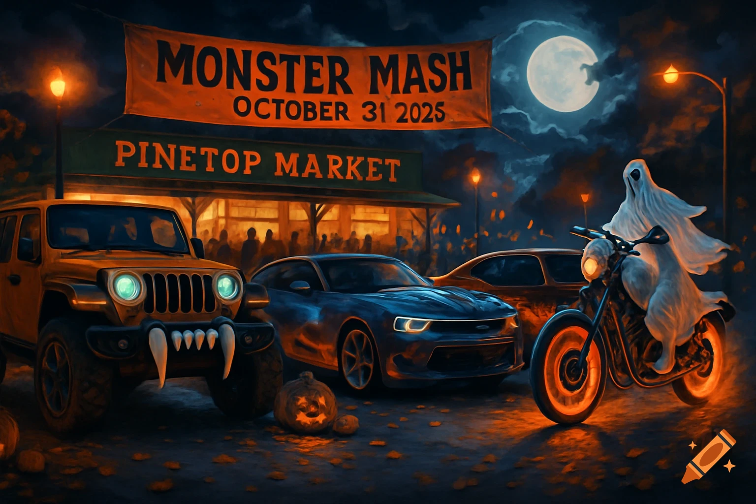 A nighttime Halloween scene outside "Pinetop Market" with a banner reading "Monster Mash October 31 2025." Decorated vehicles, including a Jeep with fangs and a ghost riding a motorcycle, are parked under a full moon.
