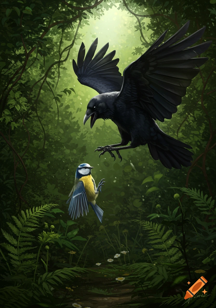 A large black crow with outstretched wings swoops towards a small blue and yellow blue tit in a lush green forest, digital painting style.