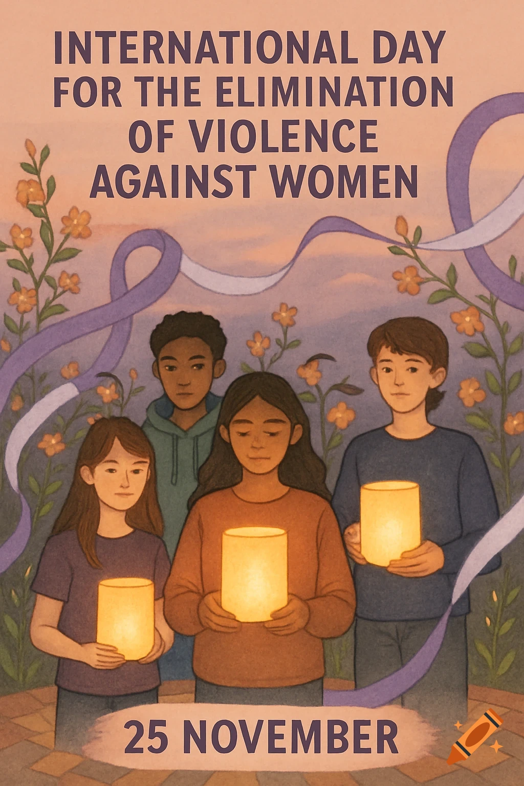 An illustration of young people holding glowing lanterns for International Day for the Elimination of Violence Against Women.