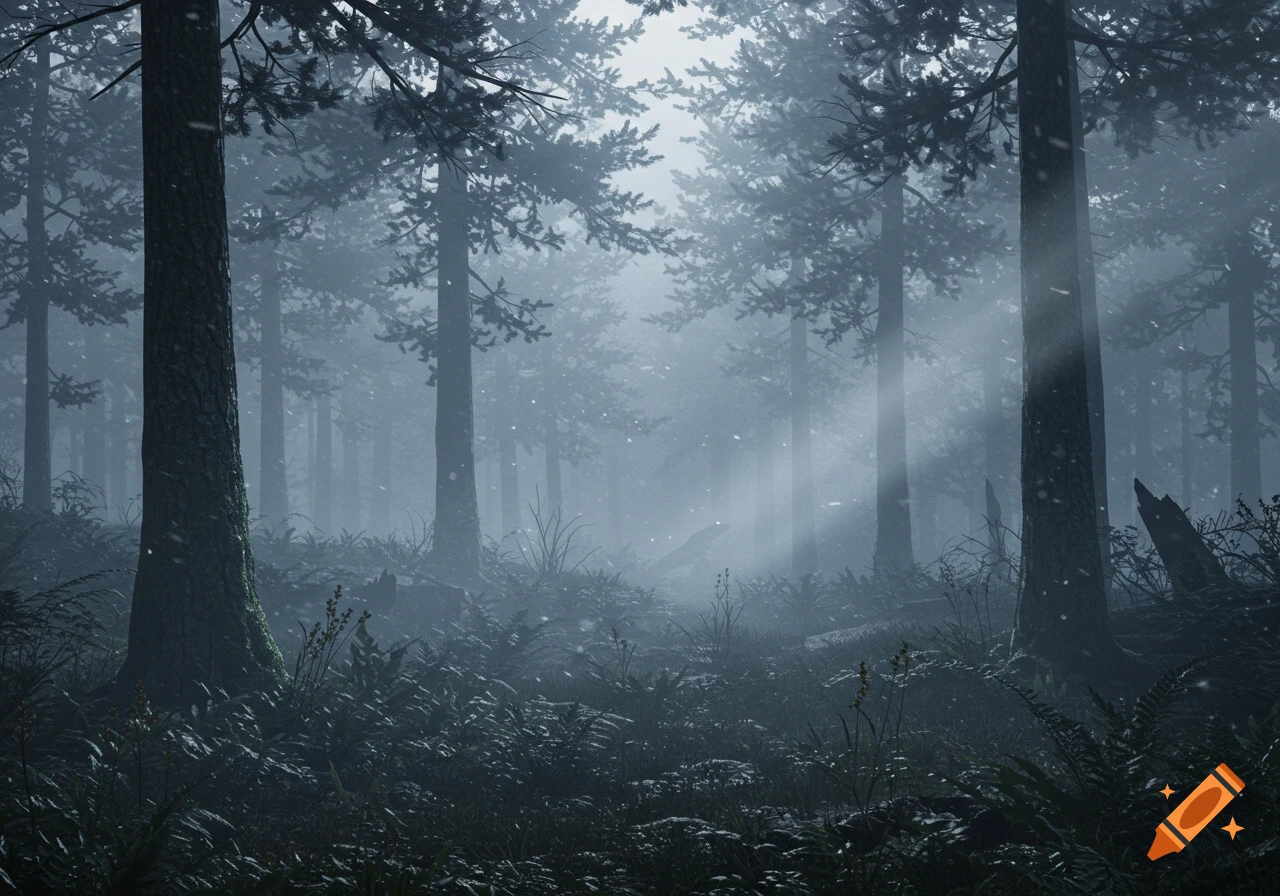 A misty forest scene with tall trees, ferns on the forest floor, and rays of light filtering through the fog and falling snow.